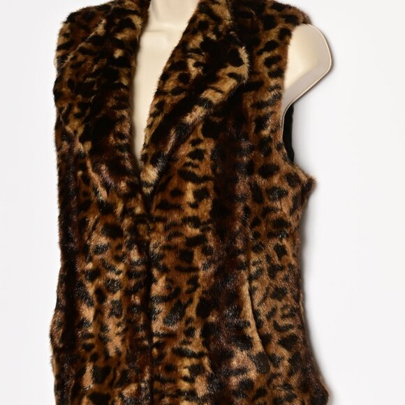 CALVIN KLEIN Rich Multi-colored Faux Fur Leopard Vest with Pockets. Size Large - Picture 5 of 7